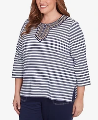 Alfred Dunner Plus Size Block Island Striped Top with Embroidered Neckline