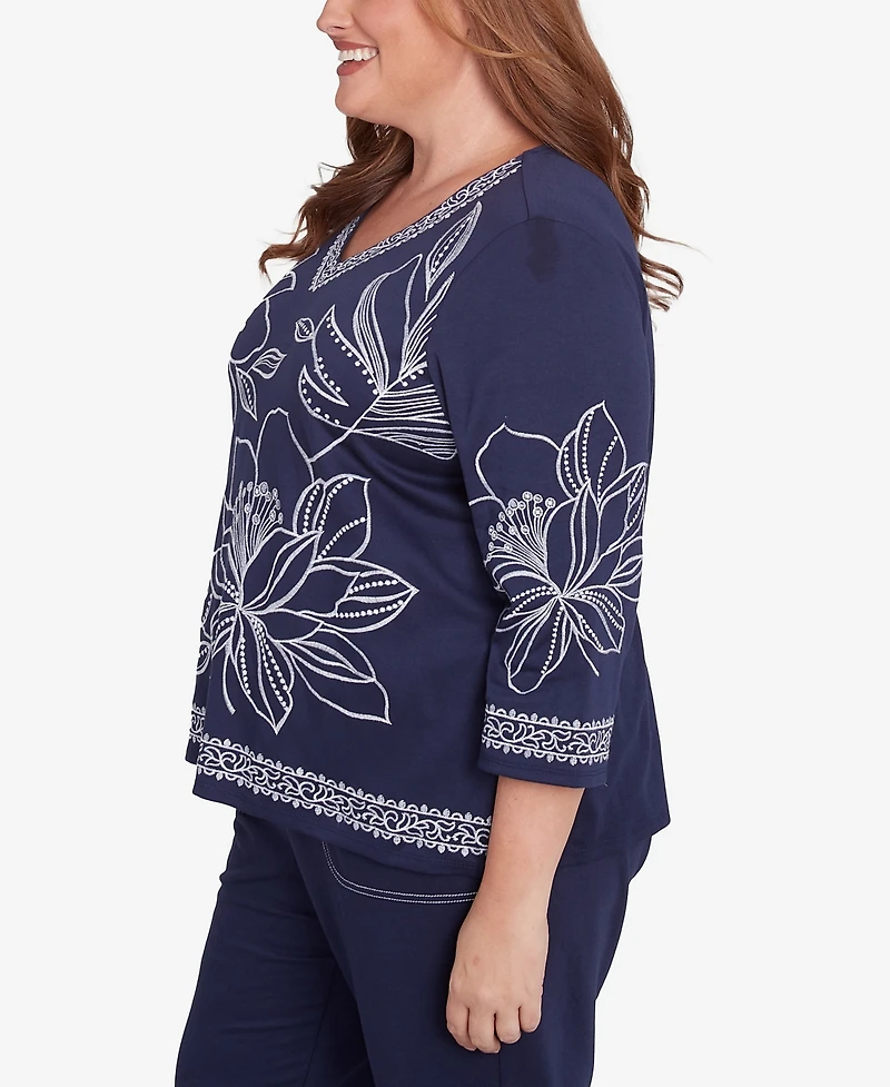 Alfred Dunner Plus Size Block Island Dynamic Floral Embroidered V-Neck Top