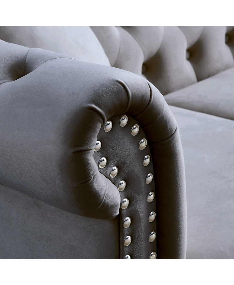 Streamdale Grey Velvet Tufted 3-Seater Sofa with Pillows