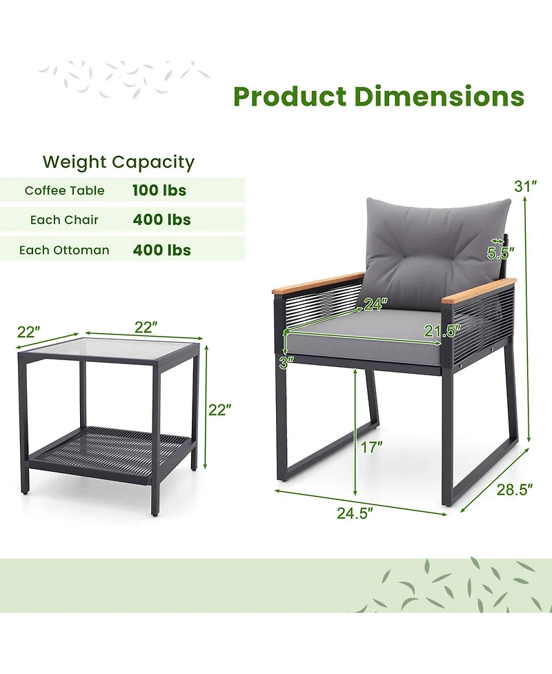 3 Pcs Outdoor Conversation Set with 2-Layer Side Table Acacia Wood Armrests