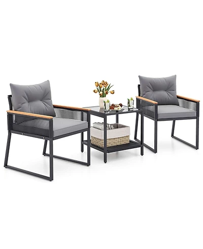 3 Pcs Outdoor Conversation Set with 2-Layer Side Table Acacia Wood Armrests