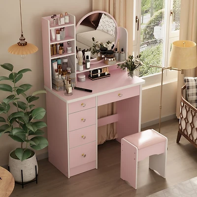 Famapy 5-Drawers Pink Makeup Vanity Dressing Table Set with Stool, Mirror and Storage Shelves Girls