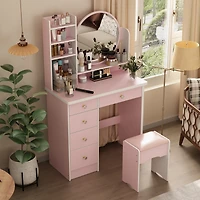 Famapy 5-Drawers Pink Makeup Vanity Dressing Table Set with Stool, Mirror and Storage Shelves Girls