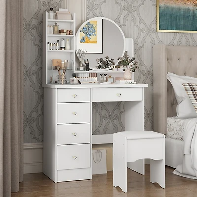 Famapy 5-Drawers Pink Makeup Vanity Dressing Table Set with Stool, Mirror and Storage Shelves Girls Dressing Table