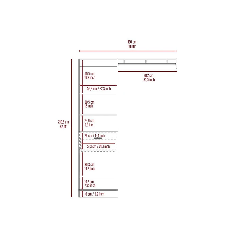 Dynamic 150 Closet System, Five Open Shelves, One Drawer, One Metal Rod, White