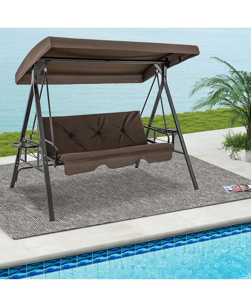3-Seat Patio Porch Swing with Adjustable Canopy Soft Seat Back Cushions Side Tables