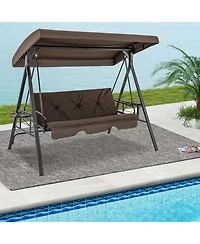 3-Seat Patio Porch Swing with Adjustable Canopy Soft Seat Back Cushions Side Tables