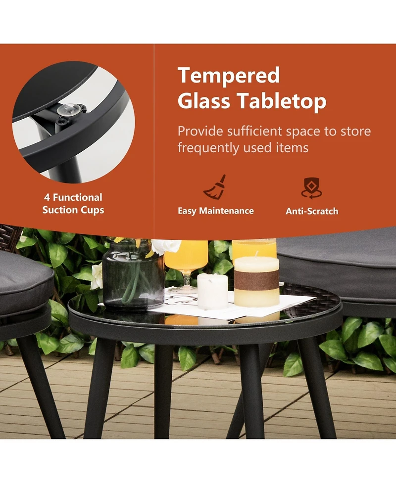 Sugift 3 Pieces Patio Rattan Bistro Set with 2 Seat Cushions and Tempered Glass Tabletop