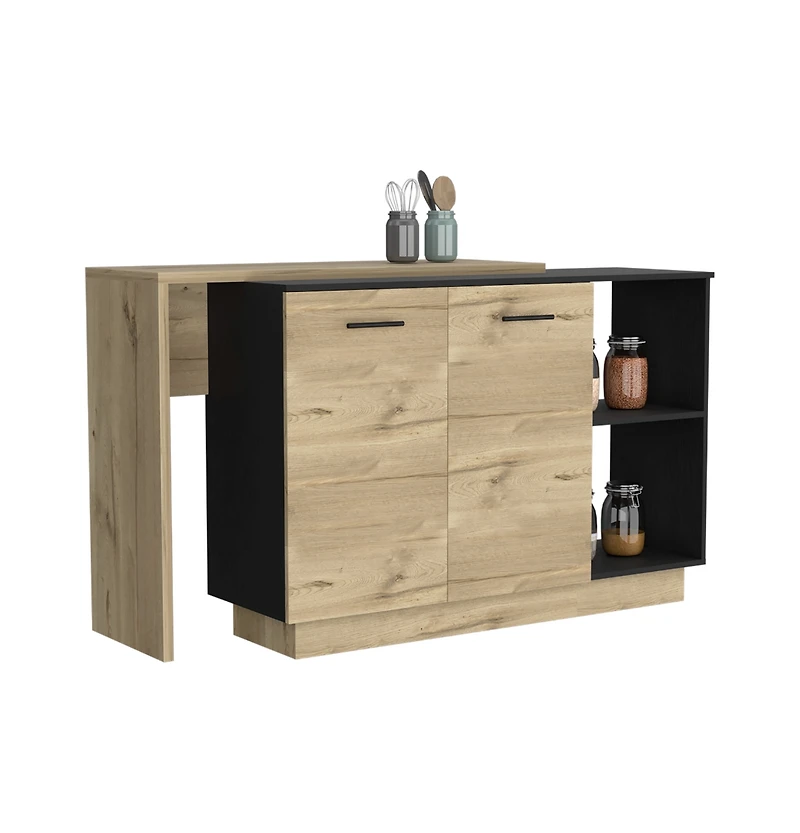 Creta Kitchen Island, Double Door Cabinets, Two External Shelves, Three Shelves, White / Light Oak