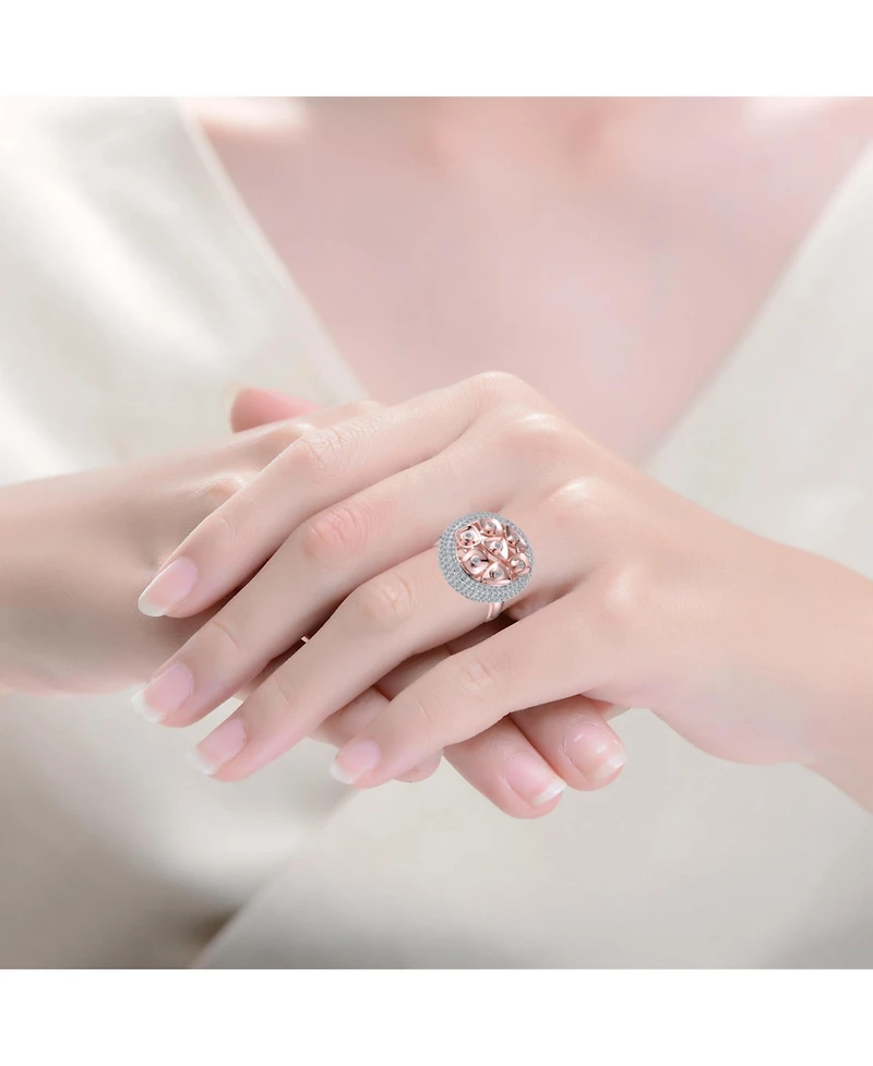 Sterling Silver Two-Tone with Clear Cubic Zirconia Cocktail Ring-White Gold Plated and 18k Rose Gold Plated