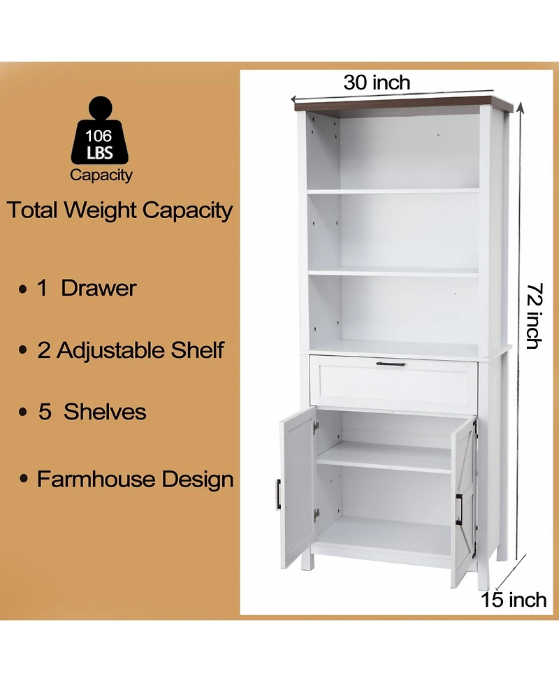 gaomon 6-Tire Bookshelf With Doors, Farmhouse Bookcase Floor Standing Bookshelves With W/ 1 Drawer And Adjustable Shelves For Kitchen,Living Room, Bed