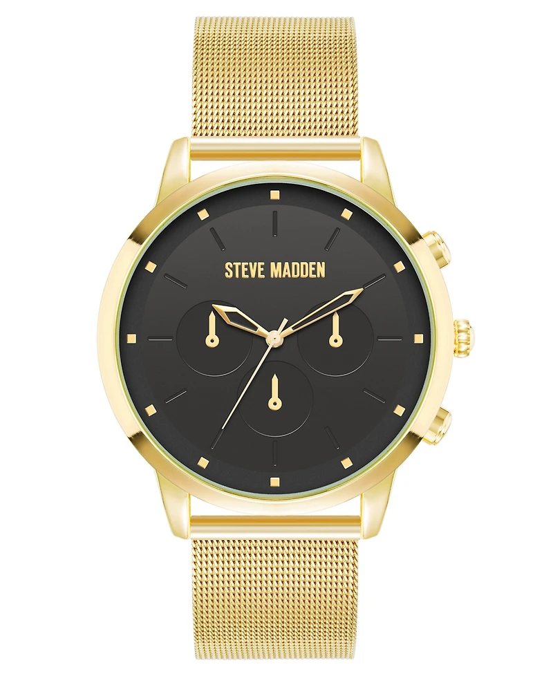 Steve Madden Men's Minimalist Black and Gold-Tone Stainless Steel Mesh Watch, 45mm