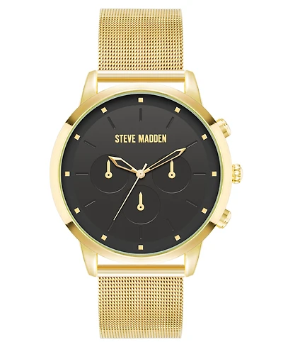 Steve Madden Men's Minimalist Black and Gold-Tone Stainless Steel Mesh Watch, 45mm