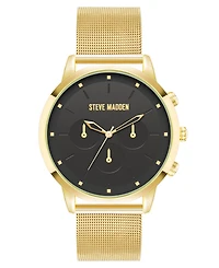 Steve Madden Men's Minimalist Black and Gold-Tone Stainless Steel Mesh Watch, 45mm