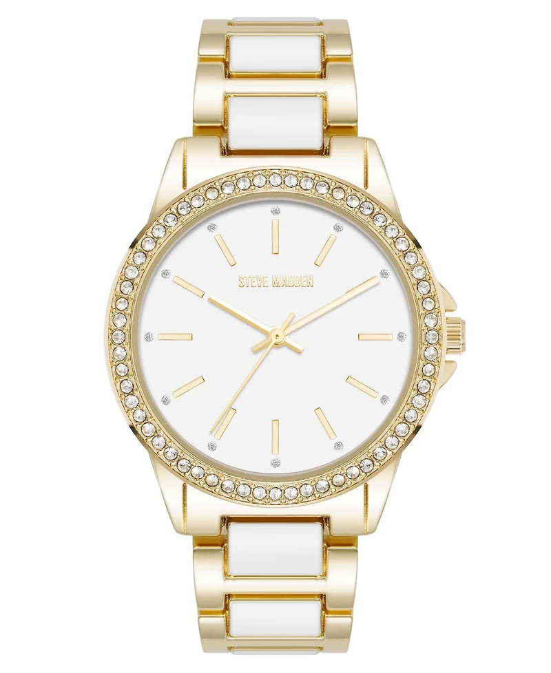 Steve Madden Women's Signature White Enamel and Gold-Tone Alloy Metal Bracelet Watch, 36mm