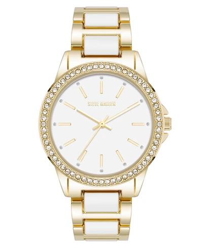Steve Madden Women's Signature White Enamel and Gold-Tone Alloy Metal Bracelet Watch, 36mm