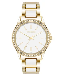Steve Madden Women's Signature White Enamel and Gold-Tone Alloy Metal Bracelet Watch, 36mm