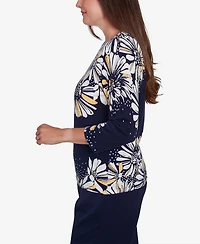Alfred Dunner Women's Block Island Embellished Daisy Crew Neck Sweater