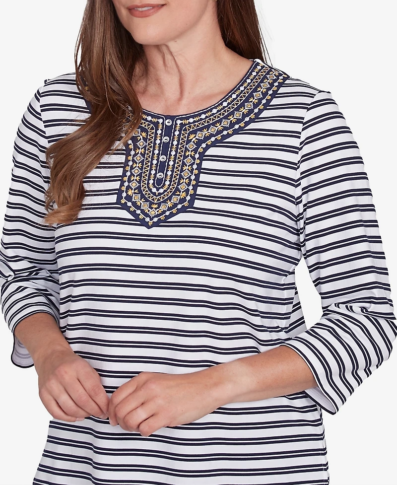 Alfred Dunner Women's Block Island Striped Top with Embroidered Neckline
