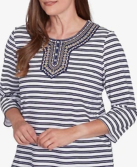 Alfred Dunner Women's Block Island Striped Top with Embroidered Neckline