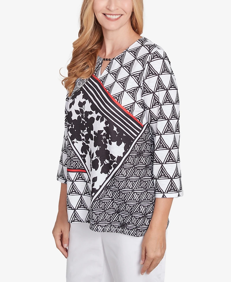 Alfred Dunner Women's Wild at Heart Geometric Multi Textured Patchwork Top