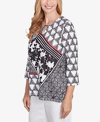 Alfred Dunner Women's Wild at Heart Geometric Multi Textured Patchwork Top