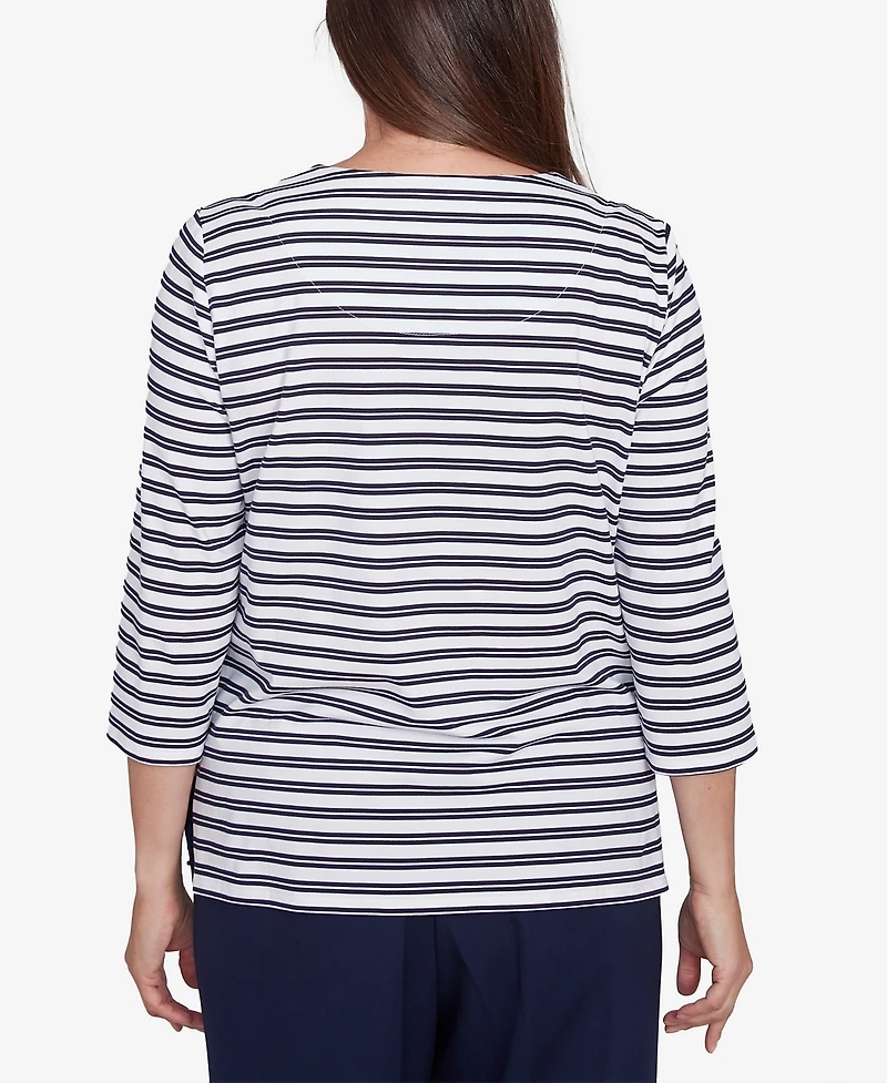 Alfred Dunner Women's Block Island Striped Top with Embroidered Neckline