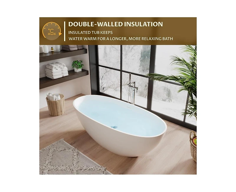 gaomon 65"Solid Surface Freestanding Bathtub, Contemporary Oval Shape Soaking Tub, Stone Resin Stand Alone Bathtub With Pop-Up Drain and Overflow, Cup