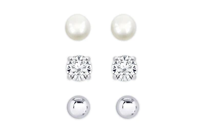 Lily Nily Girls Freshwater Pearl & Cz 3 Pairs Studs Set in Sterling Silver
