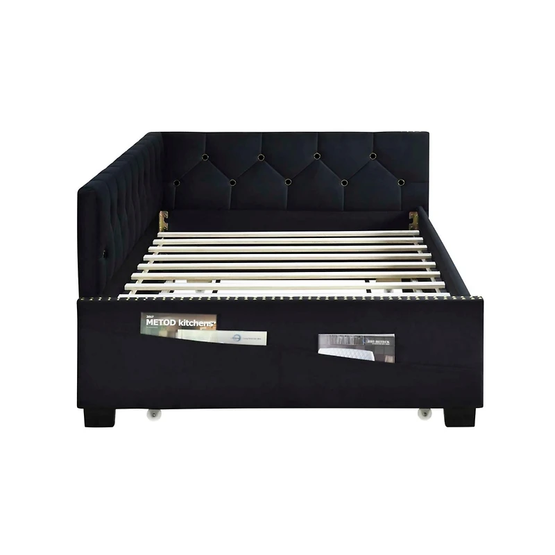 Streamdale Twin Daybed Bed Frame with Trundle, Black Velvet