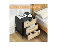 gaomon Rattan Nightstand, Black Nightstand with 3 Natural Rattan Drawers, Boho Mid Century Modern Bedside Table, Stylish End Table, and Functional Sid