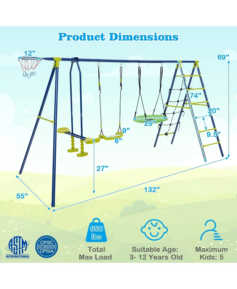 Hongge 550 Lbs 6-in-1 Patio Kids Swing Set with Climbing Net and Ladder
