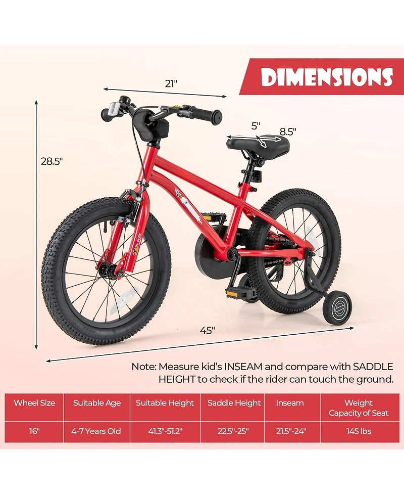 Hongge 16-Inch Kids' Bike with Handbrake, Coaster Brake, and Bell for Ages 4-7