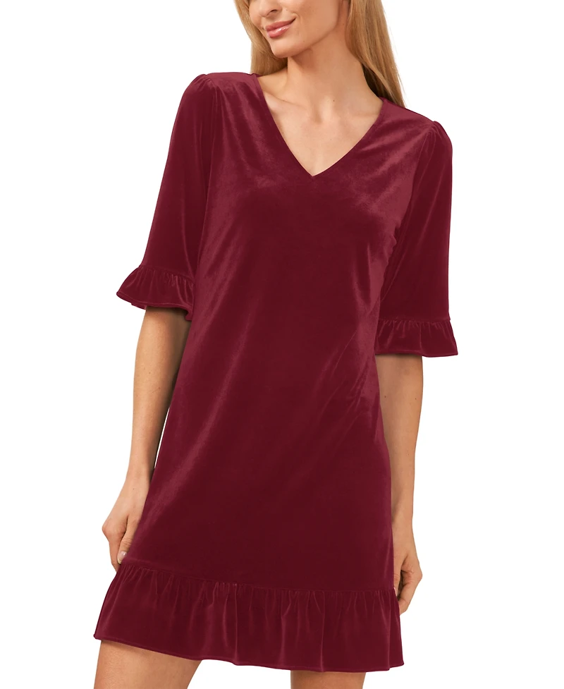 CeCe Women's Velvet 3/4-Sleeve Ruffle Trim Shift Dress