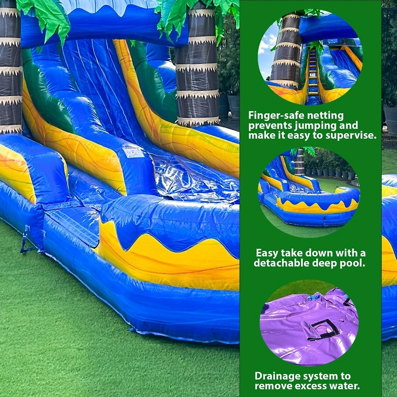 Xjump 19 Tall Surf Beach Inflatable Single Lane Water Slide with Detachable Pool, Commercial Grade, Tall Seating Height, Pvc Vinyl, Outdoor Backyard,