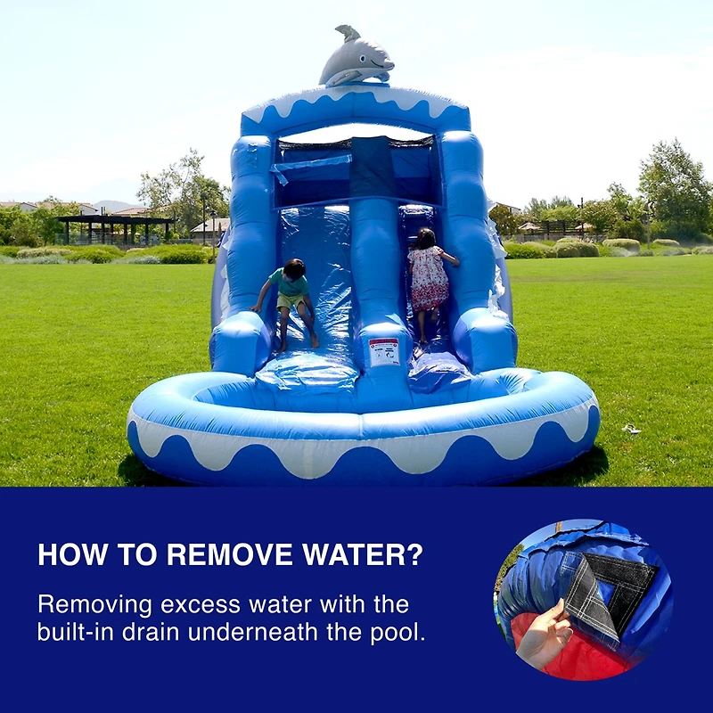 HeroKiddo 13 Dolphin Commercial Grade Water Slide with Pool for Kids and Adults (with Blower), Wet Dry Use, Outdoor Indoor, Birthday Party, Rental Qua