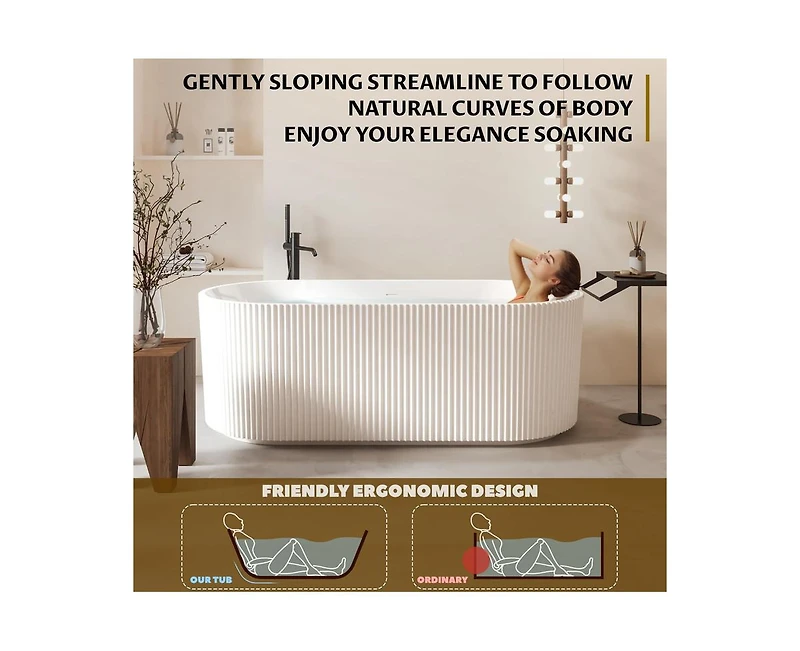 gaomon 67"Acrylic Freestanding Bathtub, V Shape Freestanding Soaking Acrylic Bathtub, Unique Pleated Design With Chrome Drain and Classic Slotted Over