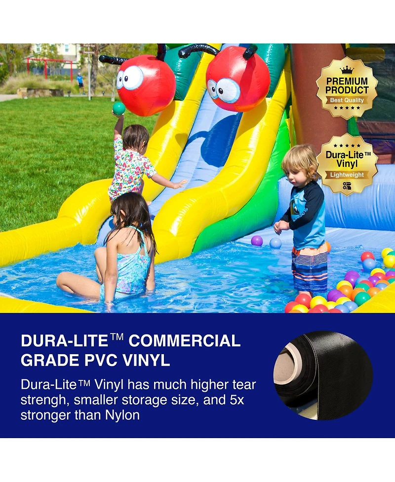 HeroKiddo Caterpillar Water Slide Bounce House Inflatable with Splash Pool for Kids and Toddlers (with Blower), Basketball Hoop, Backyard Water Park,
