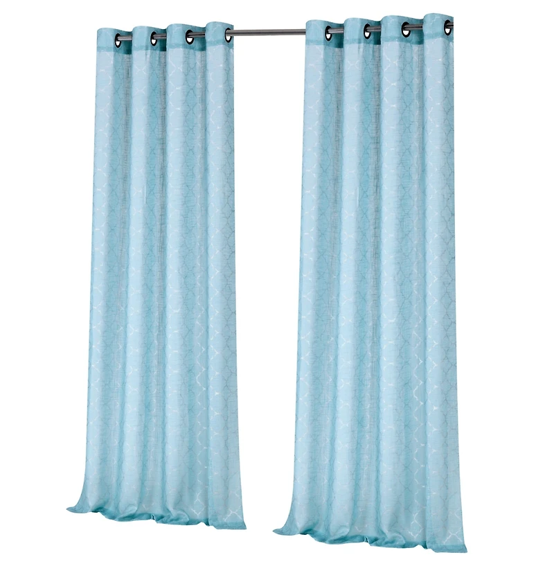 Kate Aurora 2 Piece Silver Sparkly Semi Sheer Trellis Quatrefoil Grommet Top Window Curtain Panels