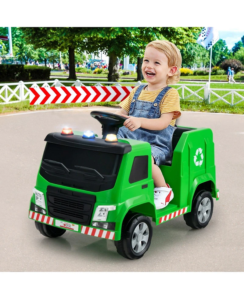 Hongge 12V Kids Ride-on Garbage Truck with Warning Lights and 6 Recycling Accessories