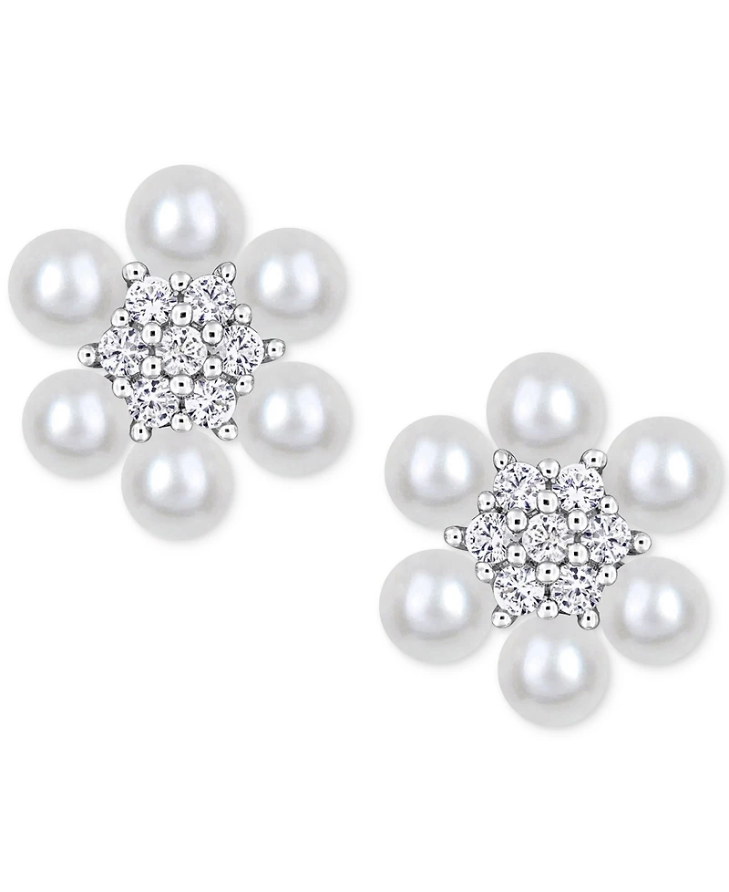 Macy's Cultured Freshwater Pearl (3-3-1/2mm) & Lab-Created White Sapphire (1/3 ct. t.w.) Flower Cluster Stud Earrings in Sterling Silver