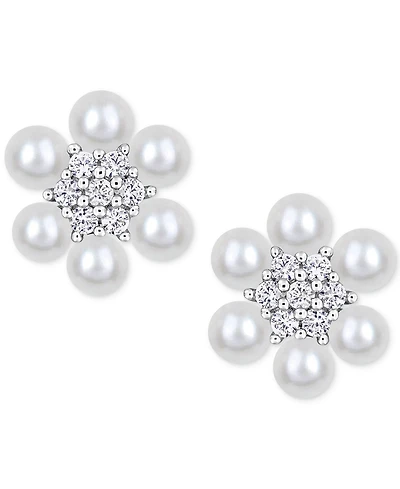 Macy's Cultured Freshwater Pearl (3-3-1/2mm) & Lab-Created White Sapphire (1/3 ct. t.w.) Flower Cluster Stud Earrings in Sterling Silver