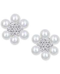 Macy's Cultured Freshwater Pearl (3-3-1/2mm) & Lab-Created White Sapphire (1/3 ct. t.w.) Flower Cluster Stud Earrings in Sterling Silver