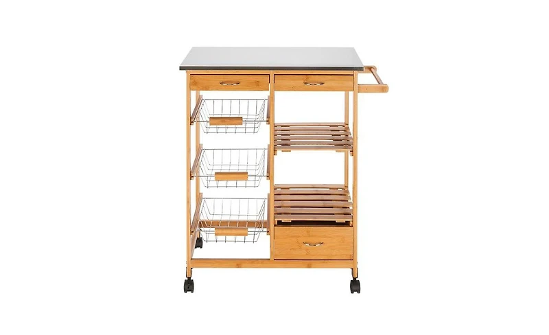 Slickblue Moveable Kitchen Cart with Stainless Steel Table Top, Three Drawers, and Three Baskets in Burlywood for Versatile Storage and Convenience