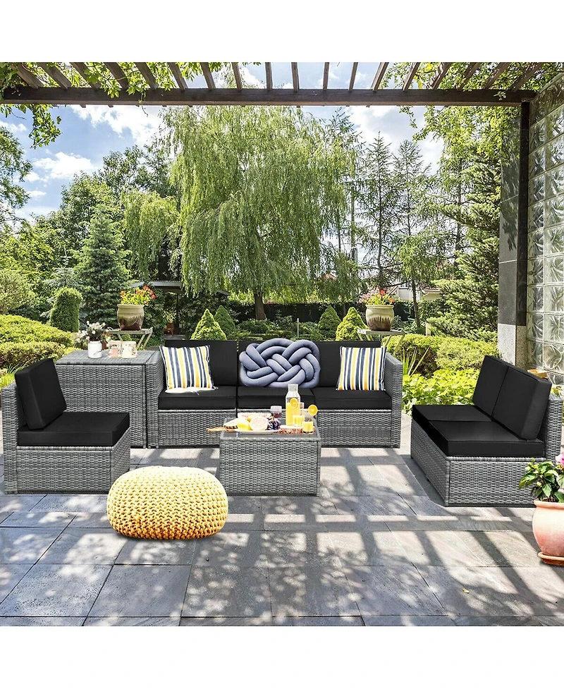 Sugift 8 Piece Wicker Sofa Rattan Dinning Set Patio Furniture with Storage Table-Black