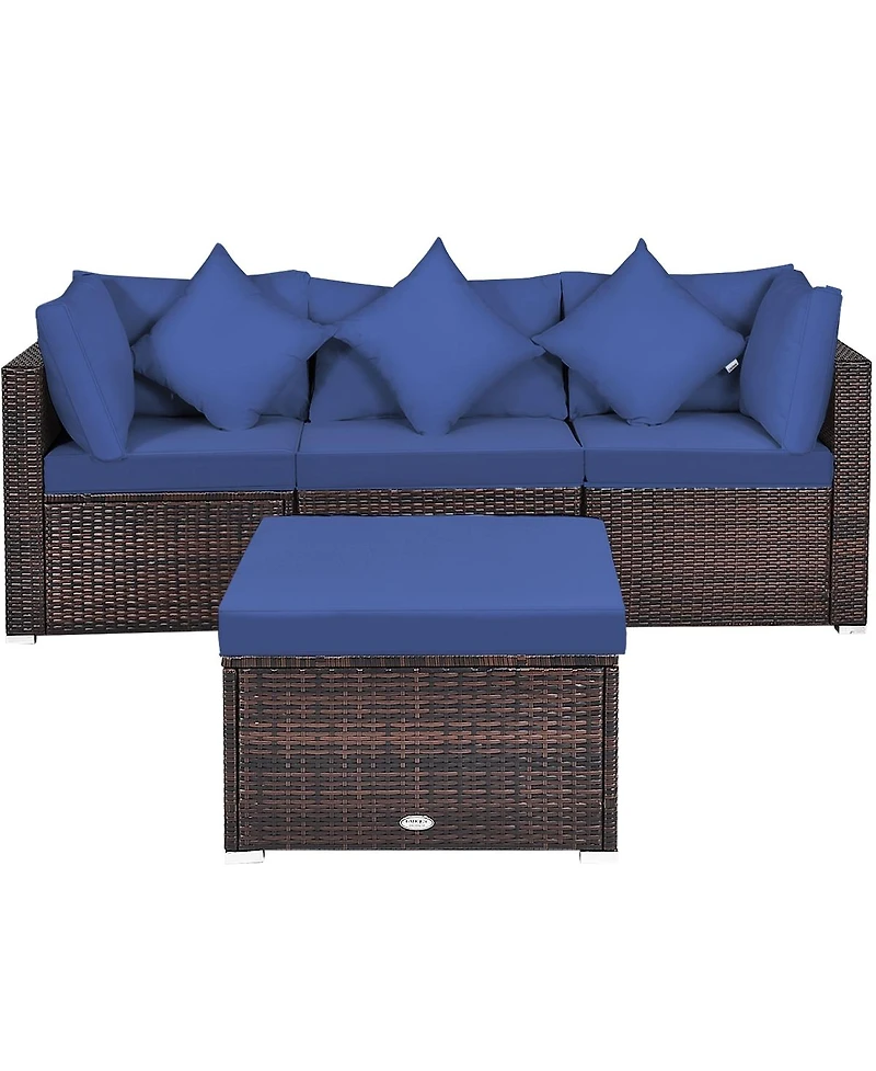 Sugift 4 Pieces Ottoman Garden Patio Rattan Wicker Furniture Set with Cushion-Navy