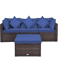 Sugift 4 Pieces Ottoman Garden Patio Rattan Wicker Furniture Set with Cushion-Navy