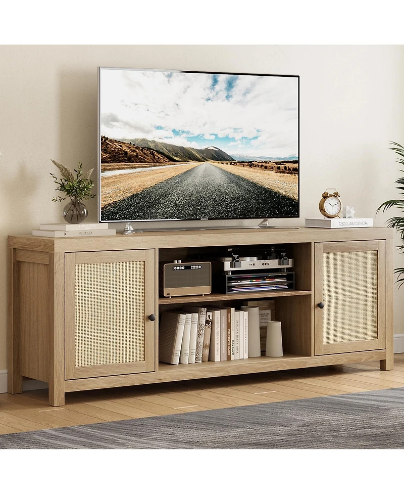 gaomon Tv Stand for 75 Inch Tv, Rattan Entertainment Center with Storage, Wood Tv & Media Console