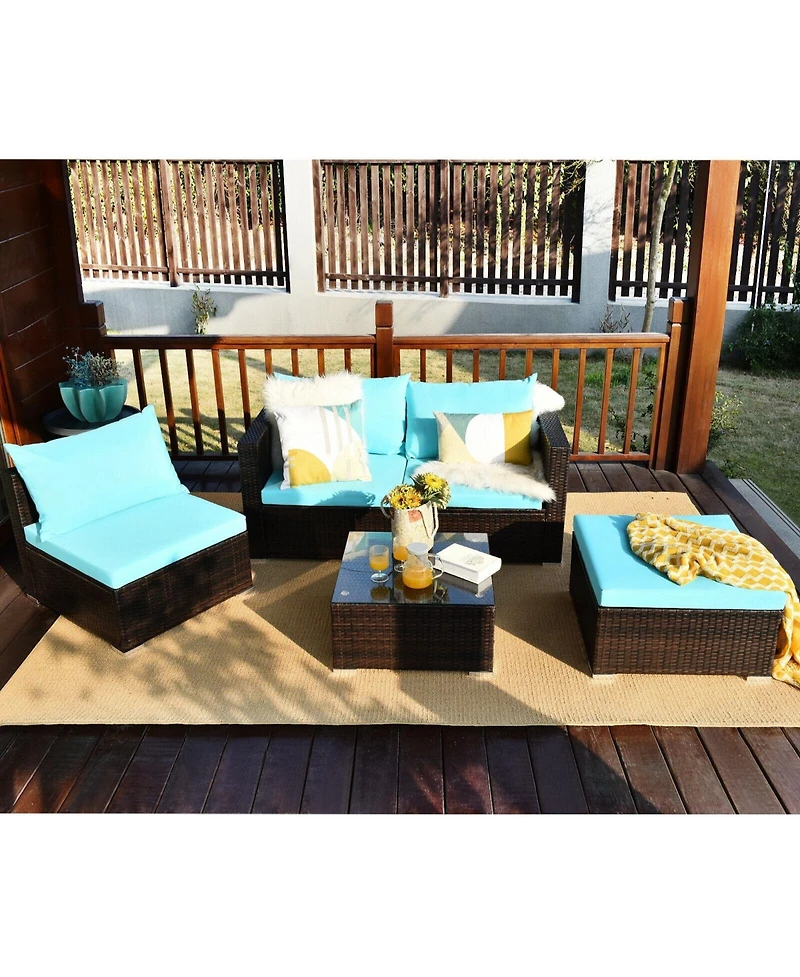 Sugift 5 Pieces Patio Rattan Furniture Set with Coffee Table-Turquoise