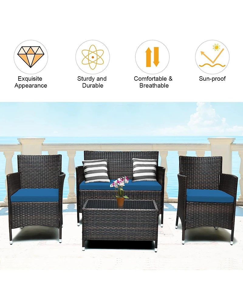 Sugift 4 Pieces Comfortable Outdoor Rattan Sofa Set with Glass Coffee Table-Peacock Blue